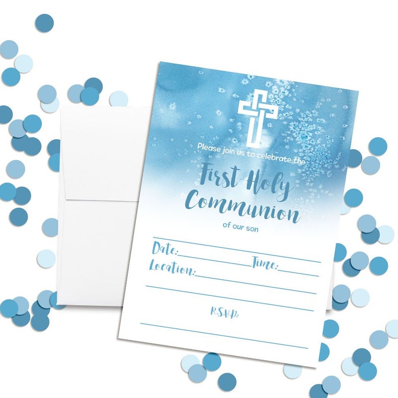 Amanda Creation Blue Watercolor First Holy Communion Religious Party Invitations for Boys, 20 5x7 Fill In Cards with Twenty White Envelopes by AmandaCreation - Image 2